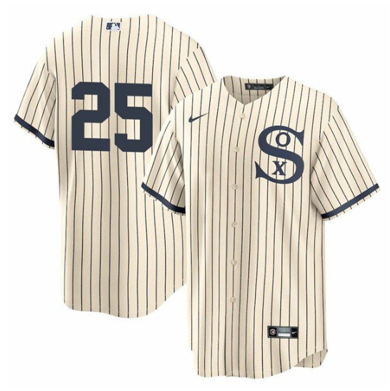 Men's Chicago White Sox #25 Andrew Vaughn 2021 Cream/Navy Field of Dreams Cool Base Stitched Jersey Men's Chicago White Sox #25 Andrew Vaughn 2021 Cream/Navy Field of Dreams Cool Base Stitched Jersey